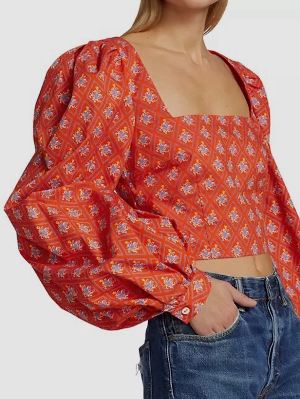 Caroline Constas Elliot Top Medium Red Diamond Toilet Long Balloon Sleeve NWT